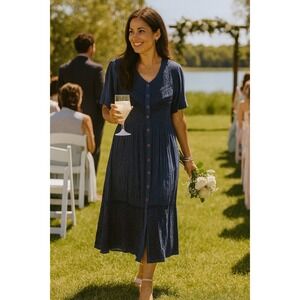 Boho Cottagecore Western Coastal NavyBlue Embroidered ButtonFront XL Midi Dress